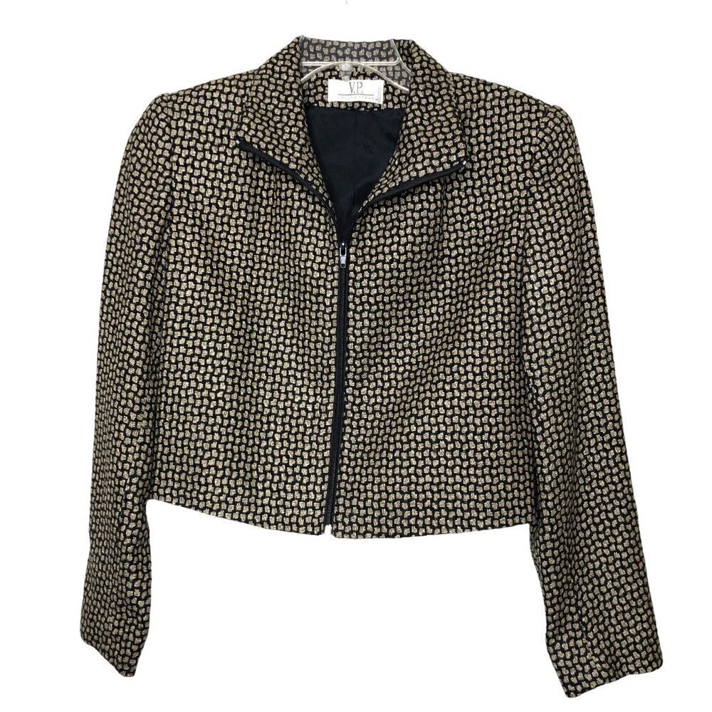Nwt - V.P. COLLECTIONS 100% Handwoven Silk Tan & Black Zip Front Blazer- Size XS